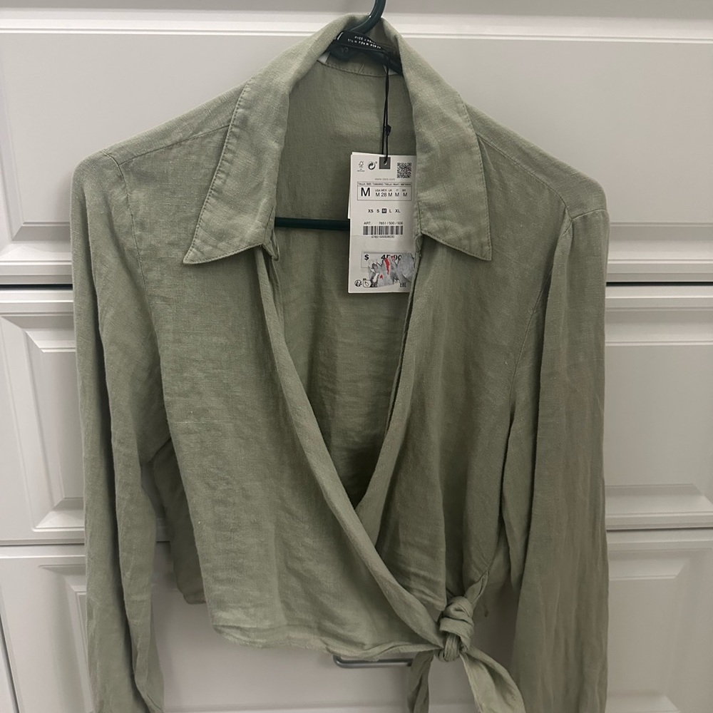 Zara Green Wrap Crop Blouse with Notched Collar